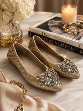 Gold Rhinestone Foldable Ballet Flats | Packable Travel Shoes | Event Flats